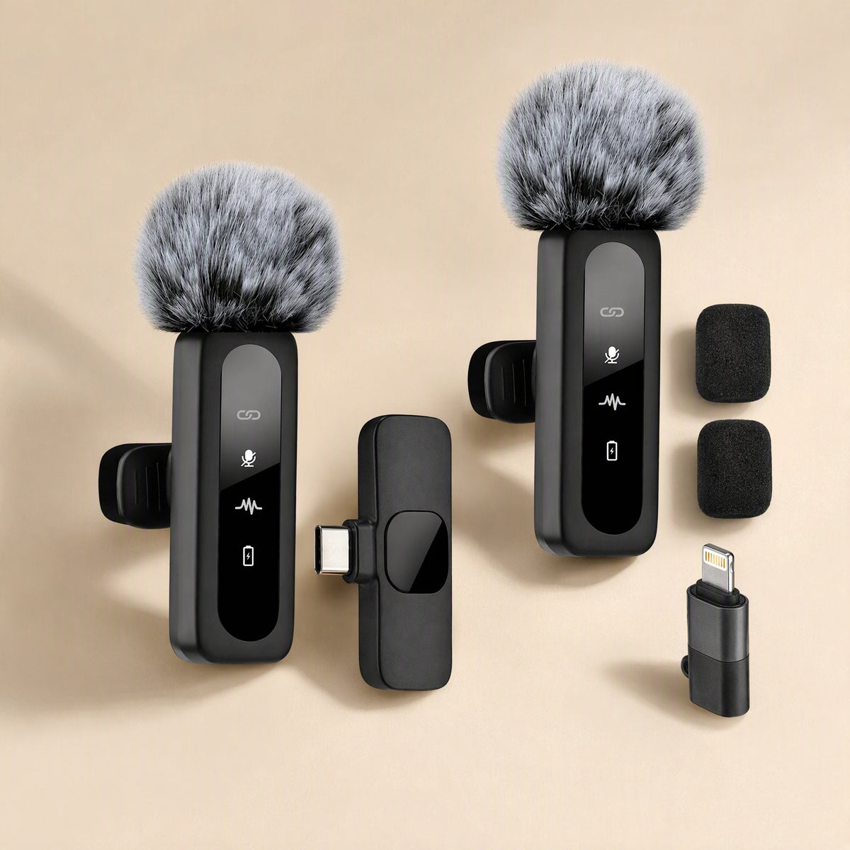 Allaround Omnidirectional Lavalier Microphone with two furry windscreens, USB-C receiver and Lightning adapter