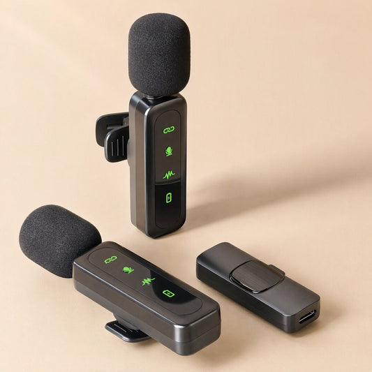 Allaround – Two black clip-on lavalier microphones with foam windscreens and green icons beside a USB-C receiver