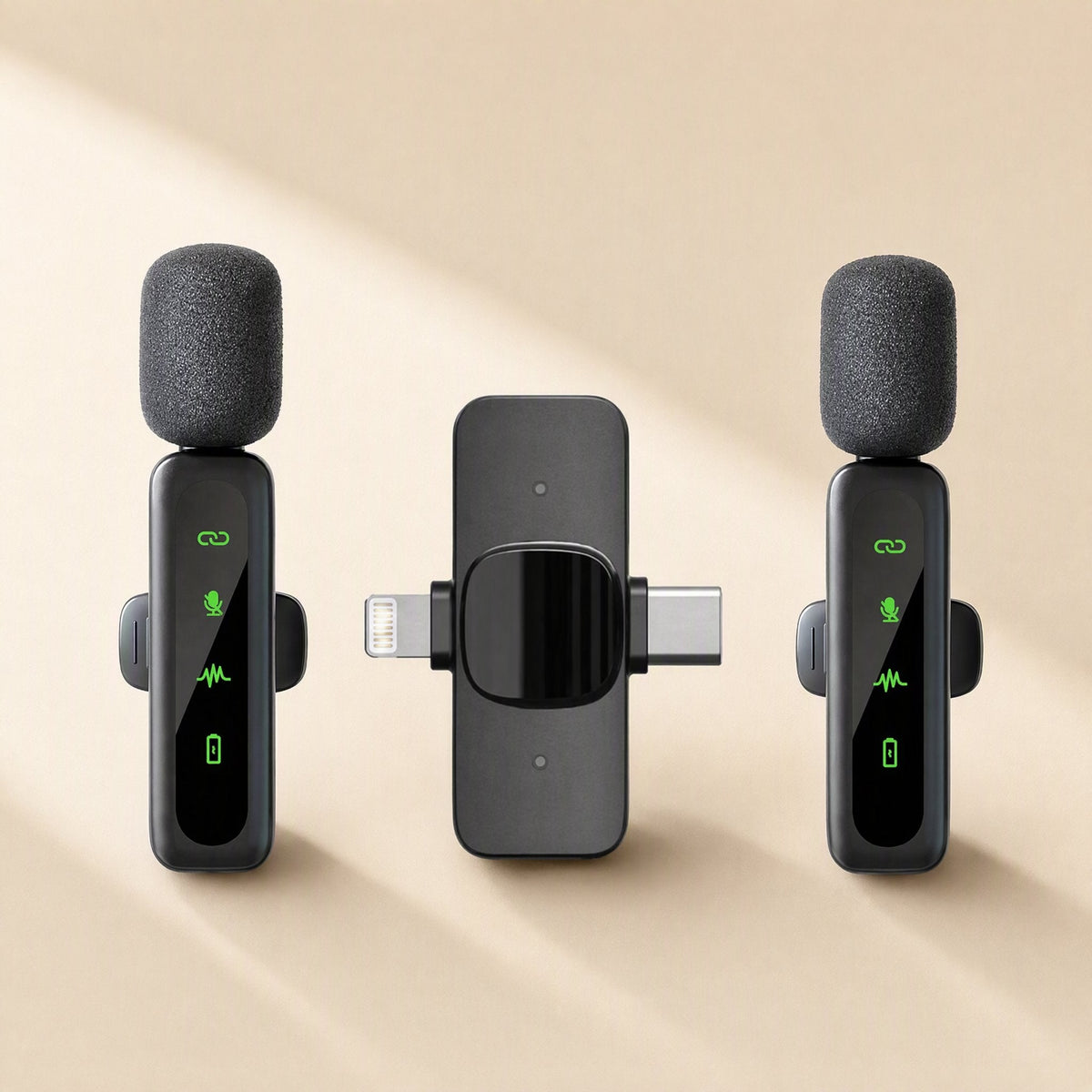 Allaround – Pair of black lavalier microphones with foam covers flanking a dual-connector receiver on a beige background
