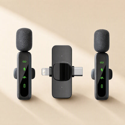 Allaround – Pair of black lavalier microphones with foam covers flanking a dual-connector receiver on a beige background