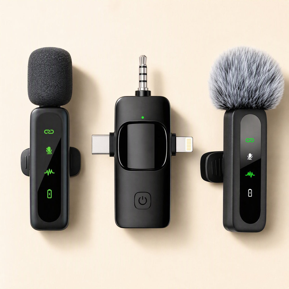 Allaround – Black clip-on microphones, one with a gray fur windscreen, beside a receiver with 3.5mm, USB-C, Lightning plugs