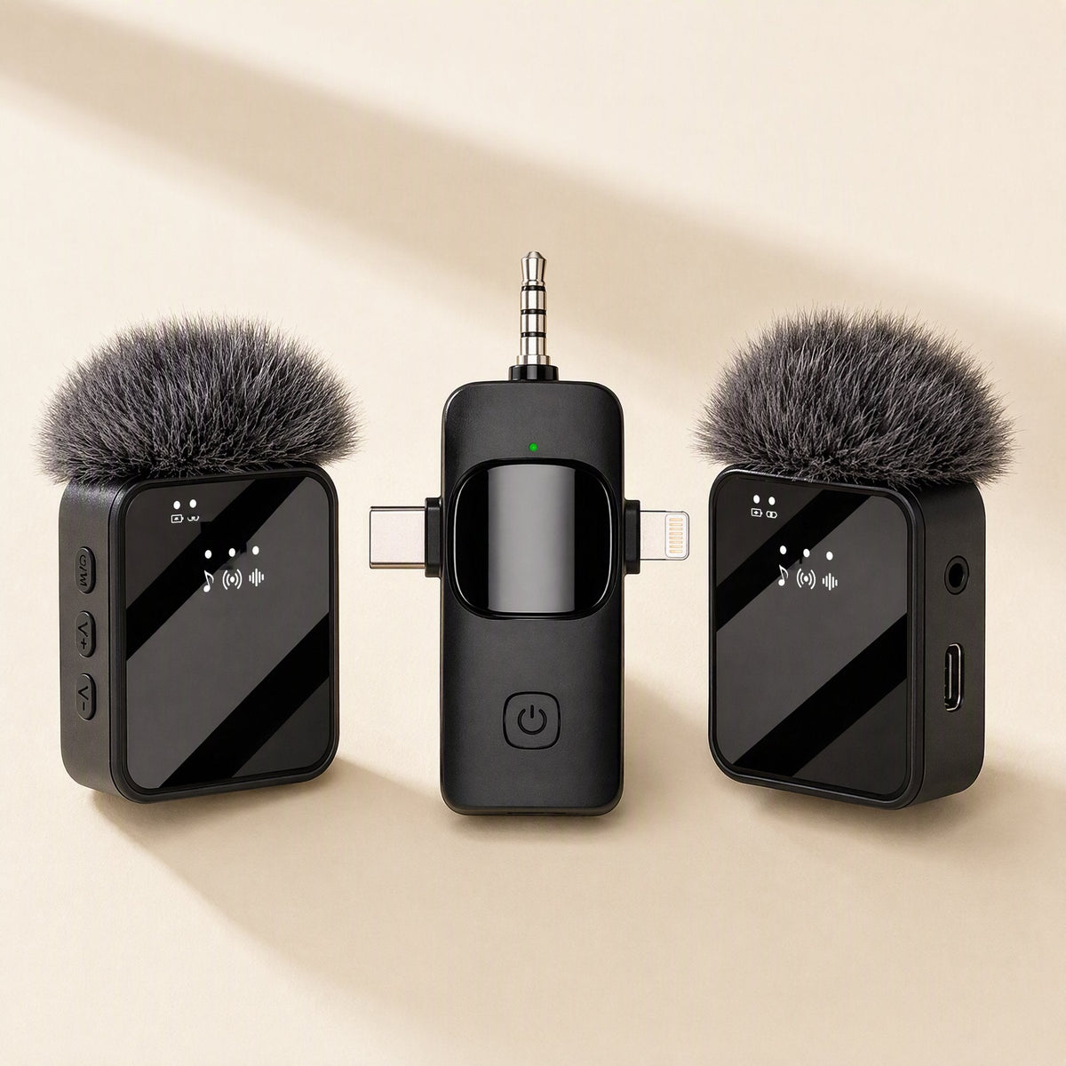 Allaround – Two square black wireless transmitters with fur windscreens and a receiver with 3.5mm plug and dual adapters