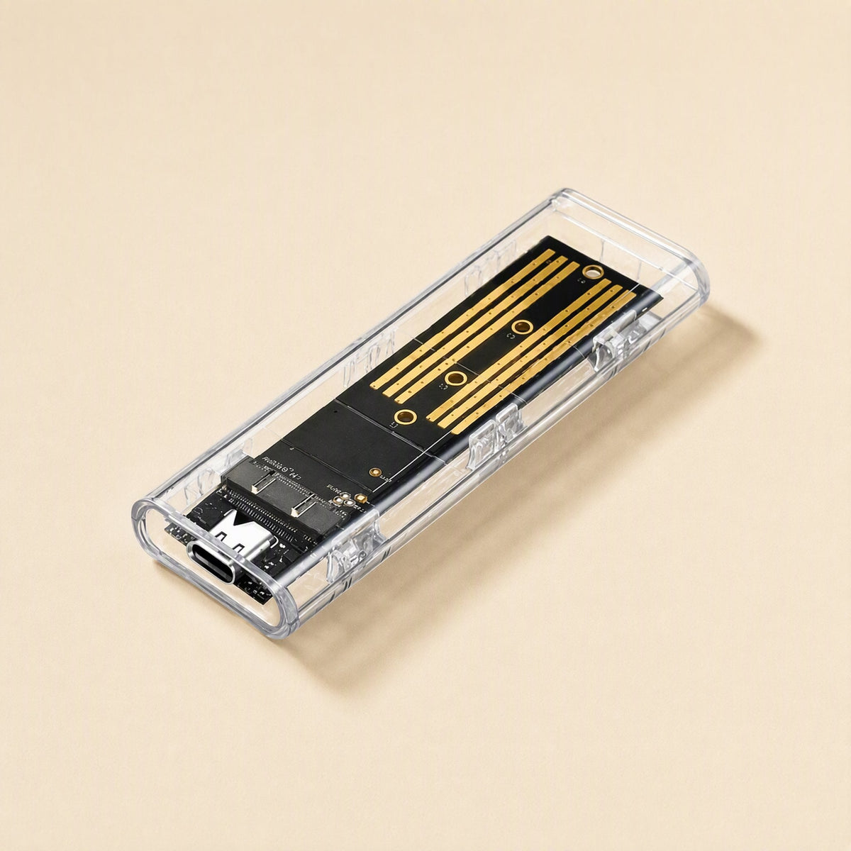 Diskhull – Clear enclosure angled with the USB-C port in the foreground and the M.2 board visible inside