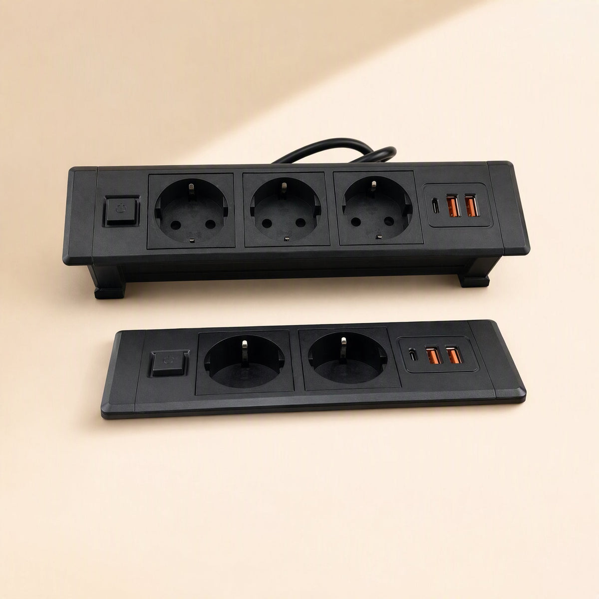 Plugnest European Standard Desktop Socket in black, 3-socket and 2-socket versions with USB ports side by side