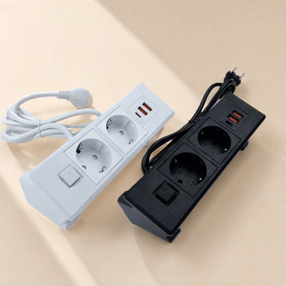 Plugnest – Two-socket white and black desktop sockets lying flat, top-down view of switch, outlets and USB ports