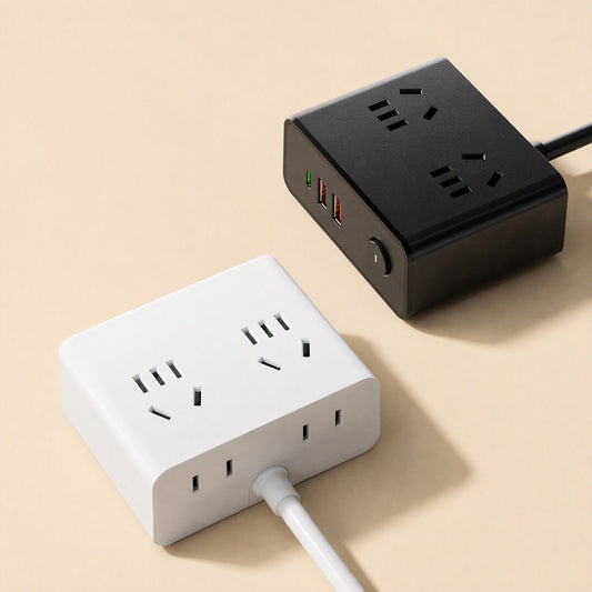 Powerline – Black and white charging strips side by side on a beige surface, with the white one's side sockets facing front