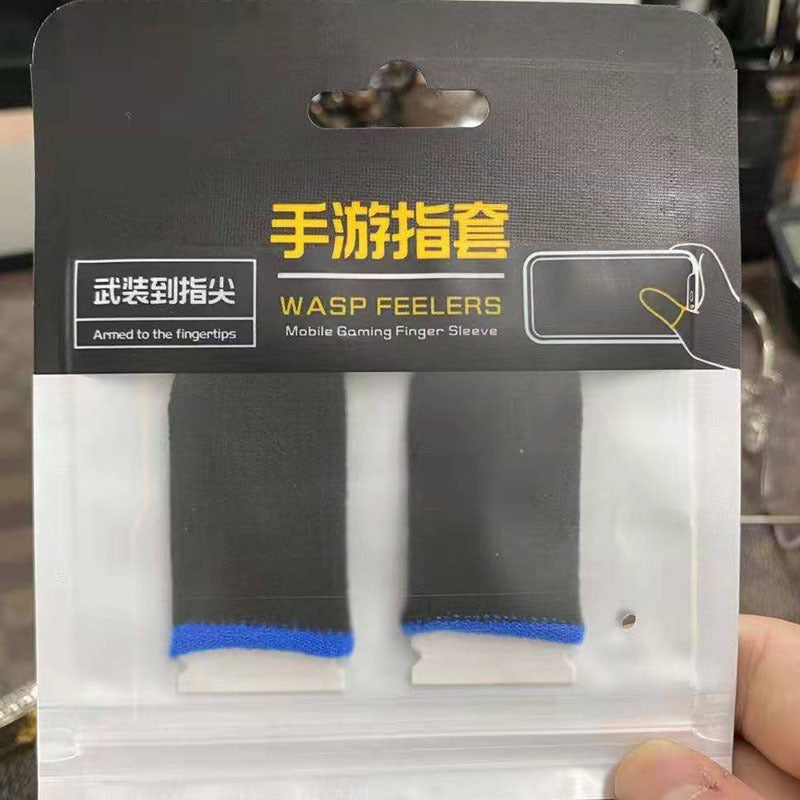Swiftouch – Black finger sleeves with blue trim in retail packaging held in hand, labeled Wasp Feelers