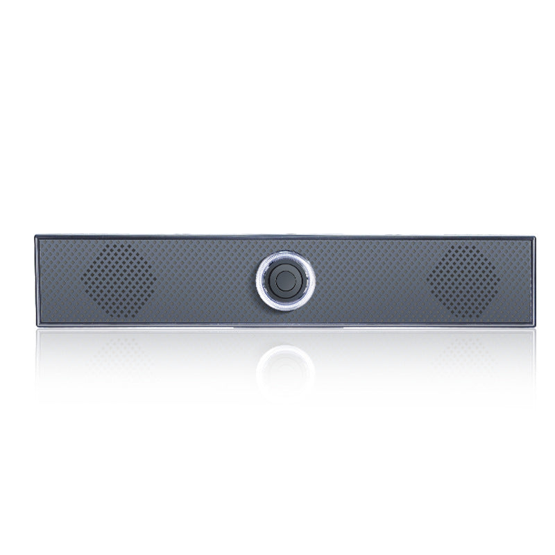 Humline – Front view of the dark gray bar speaker with two mesh grilles and a center knob with white ring