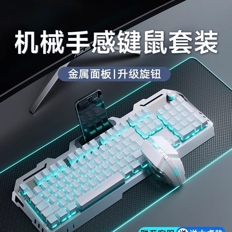Clackwire – White backlit keyboard with phone slot and volume knob beside a gaming mouse on a dark desk mat
