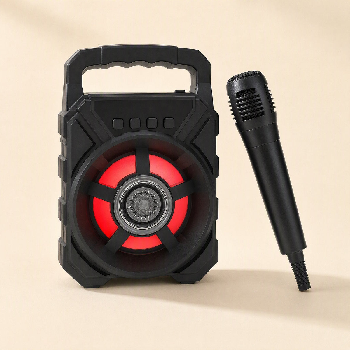 Roamsound Portable Bluetooth Speaker front view with red glowing speaker ring and wired microphone