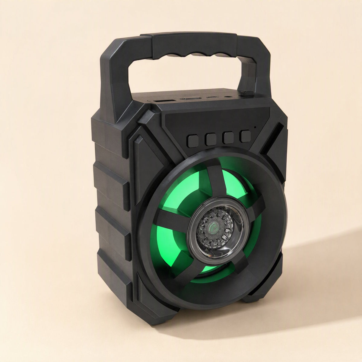 Roamsound Portable Bluetooth Speaker – black portable speaker with green glowing ring and carry handle, shown at an angle