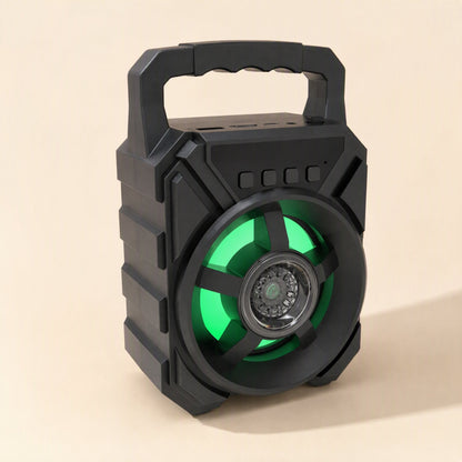 Roamsound Portable Bluetooth Speaker – black portable speaker with green glowing ring and carry handle, shown at an angle