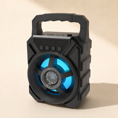 Roamsound Portable Bluetooth Speaker – black portable speaker with light blue glowing ring, four top buttons and carry handle