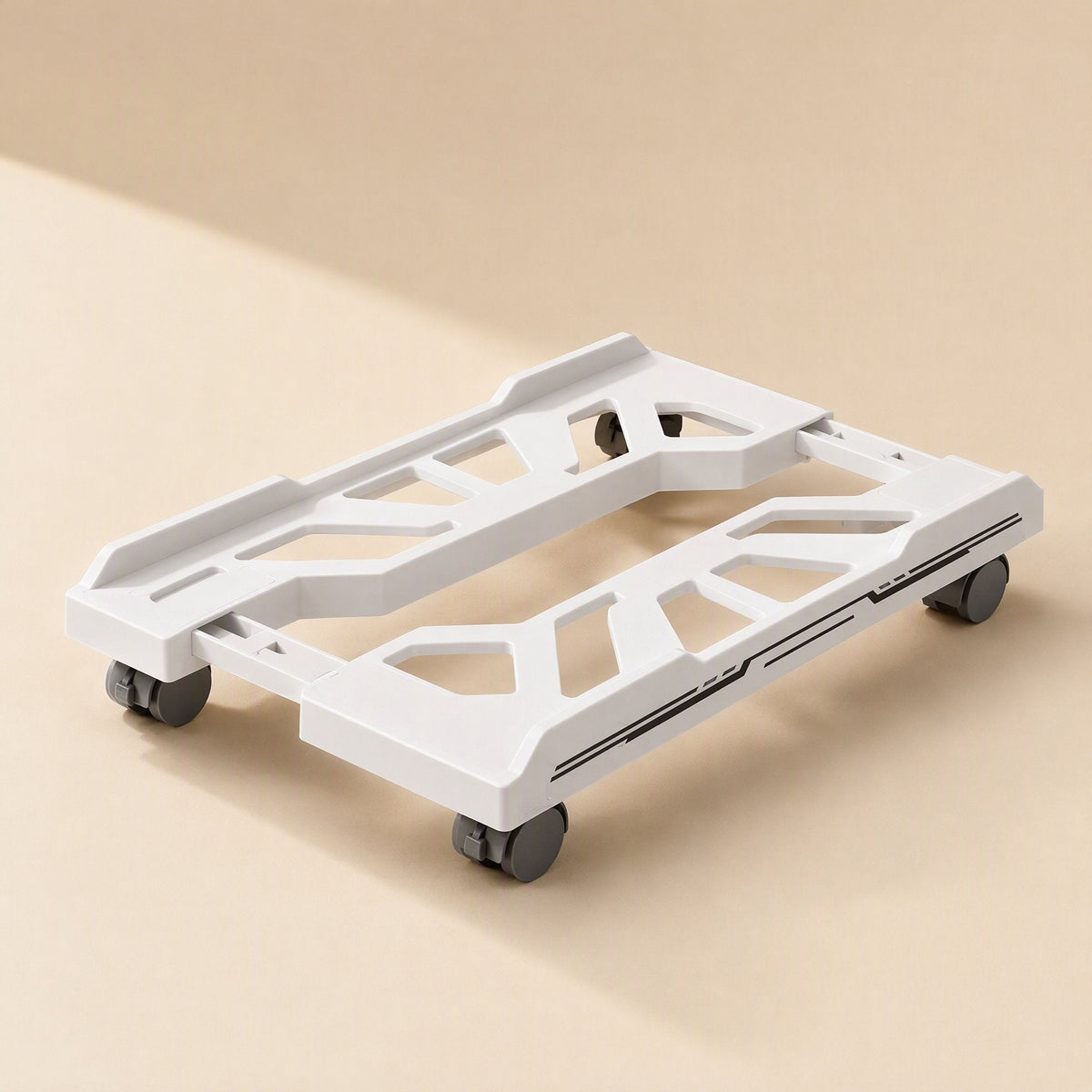 Towerperch Computer Host Stand – white retractable plastic stand with four caster wheels, shown from a high angle