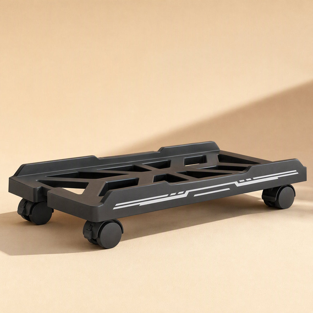 Towerperch Computer Host Stand – black stand in a low side view with white decorative line details along the edge