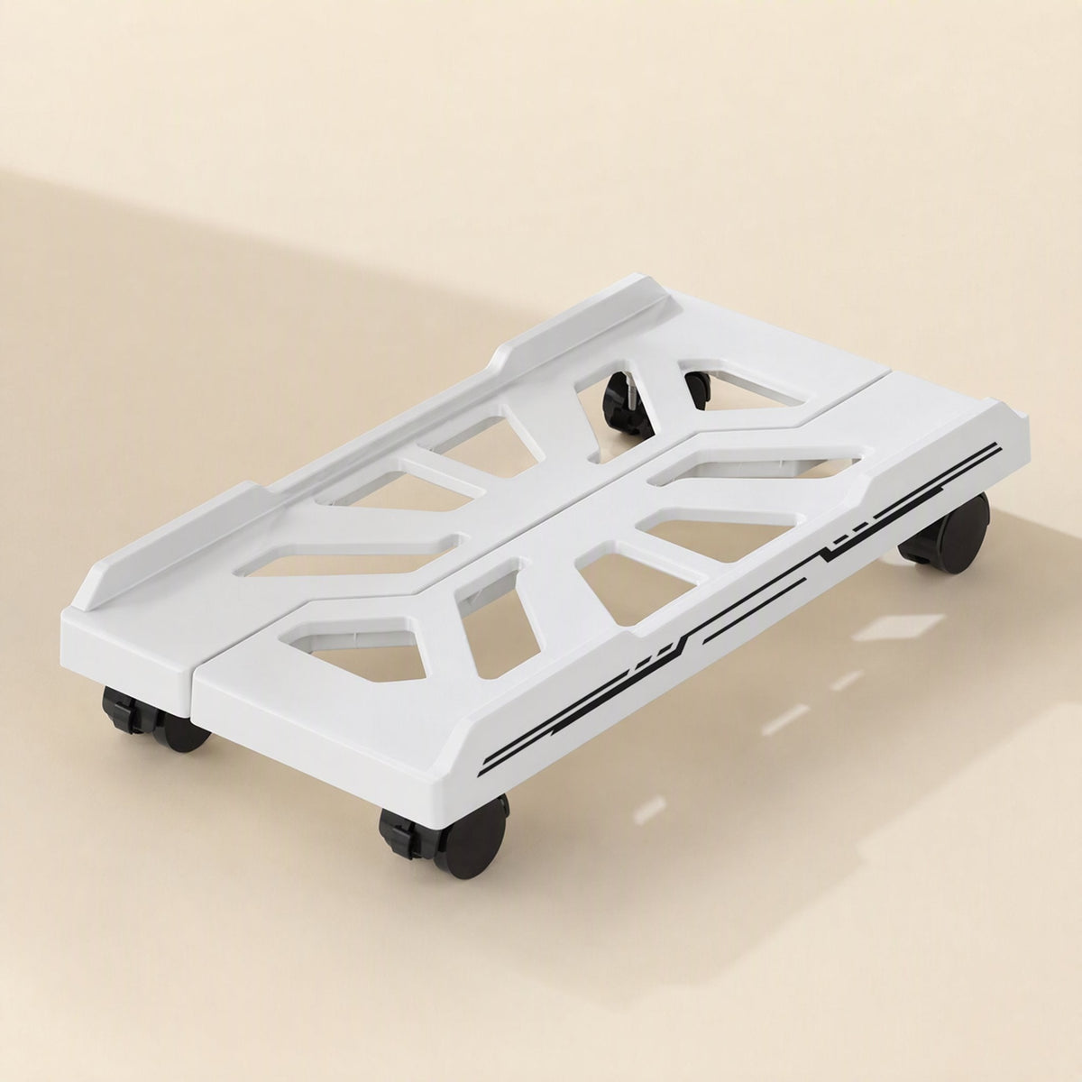 Towerperch Computer Host Stand – white stand with black casters, angled view showing the cutout pattern on the base