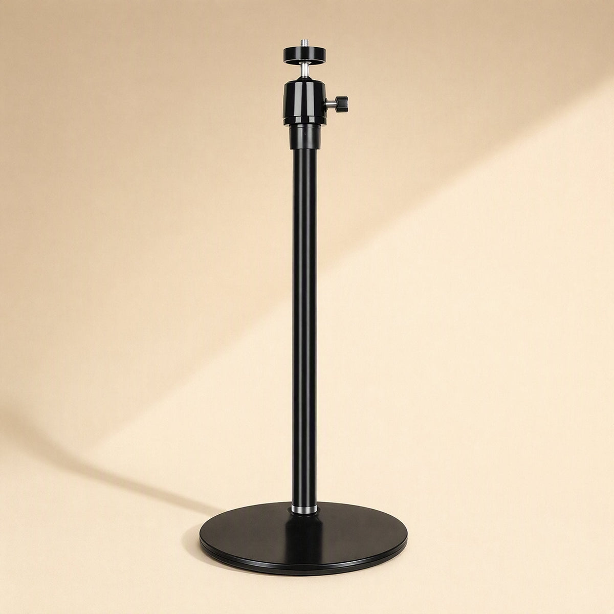 Toneanchor – Black stand with round weighted base, slim extendable pole and ball-head top, front view