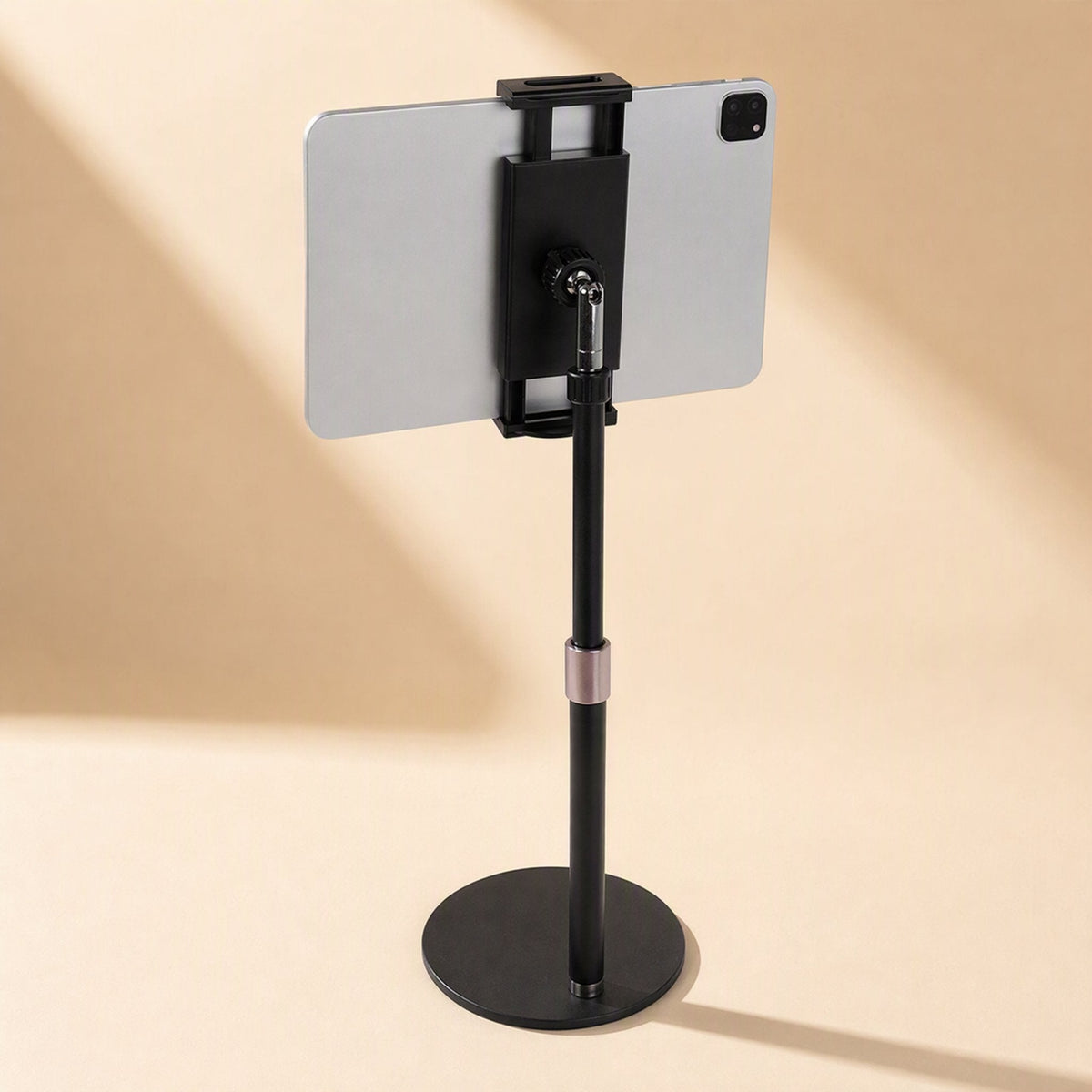 Toneanchor Desktop Microphone Stand – black stand holding a tablet in a clamp attached to the ball head, shown from behind