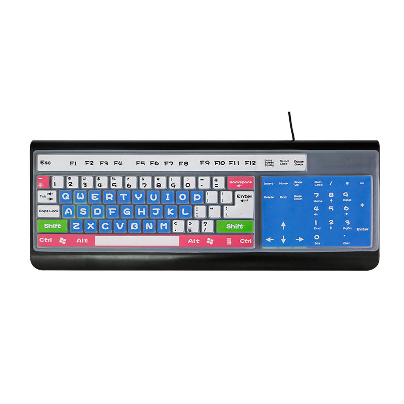 Dustshell – Black wired keyboard with a colourful silicone cover in blue, white, pink and green keys with large letters