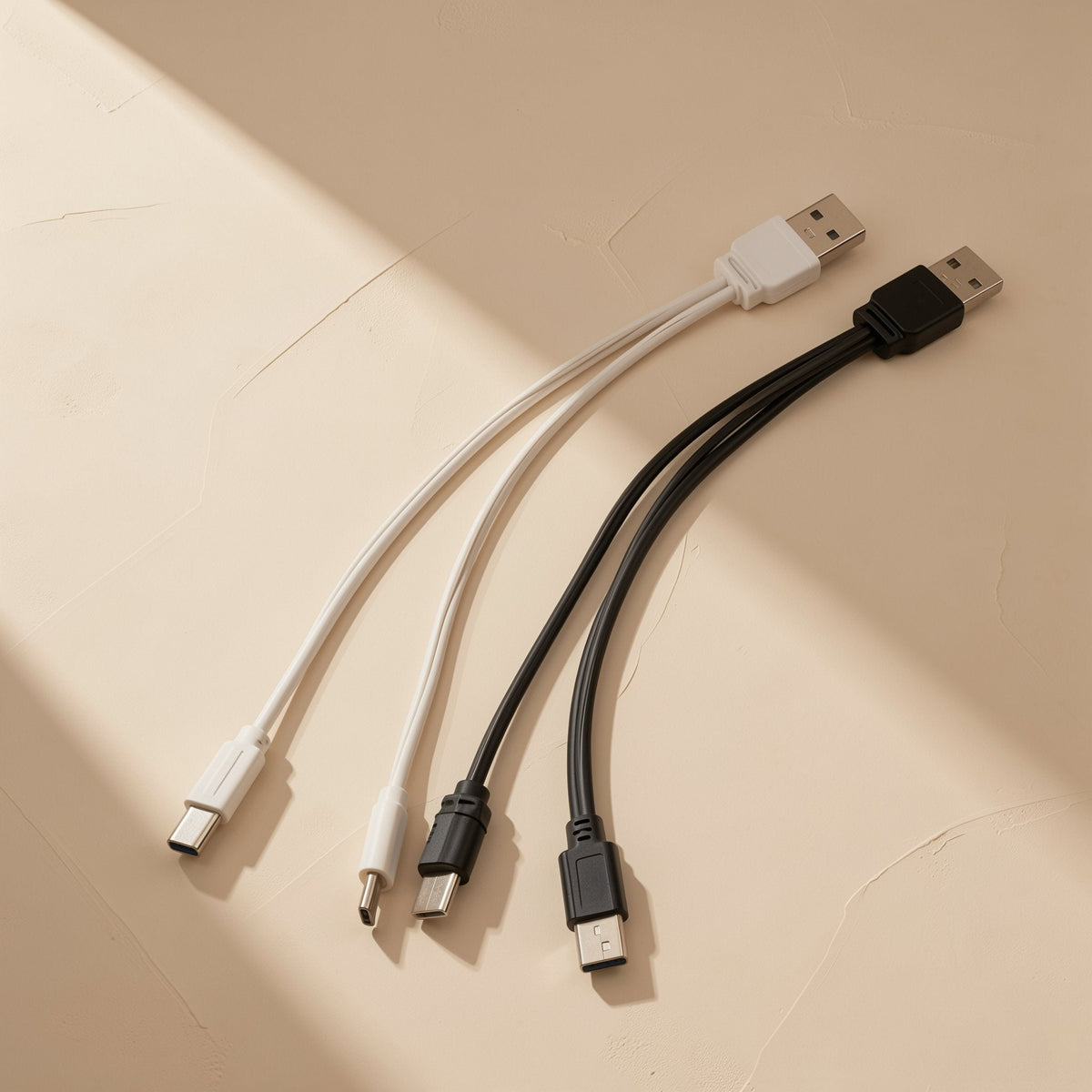 Typepair One-To-Two Type-C Charging Cable in white and black, laid flat on a beige surface in angled light