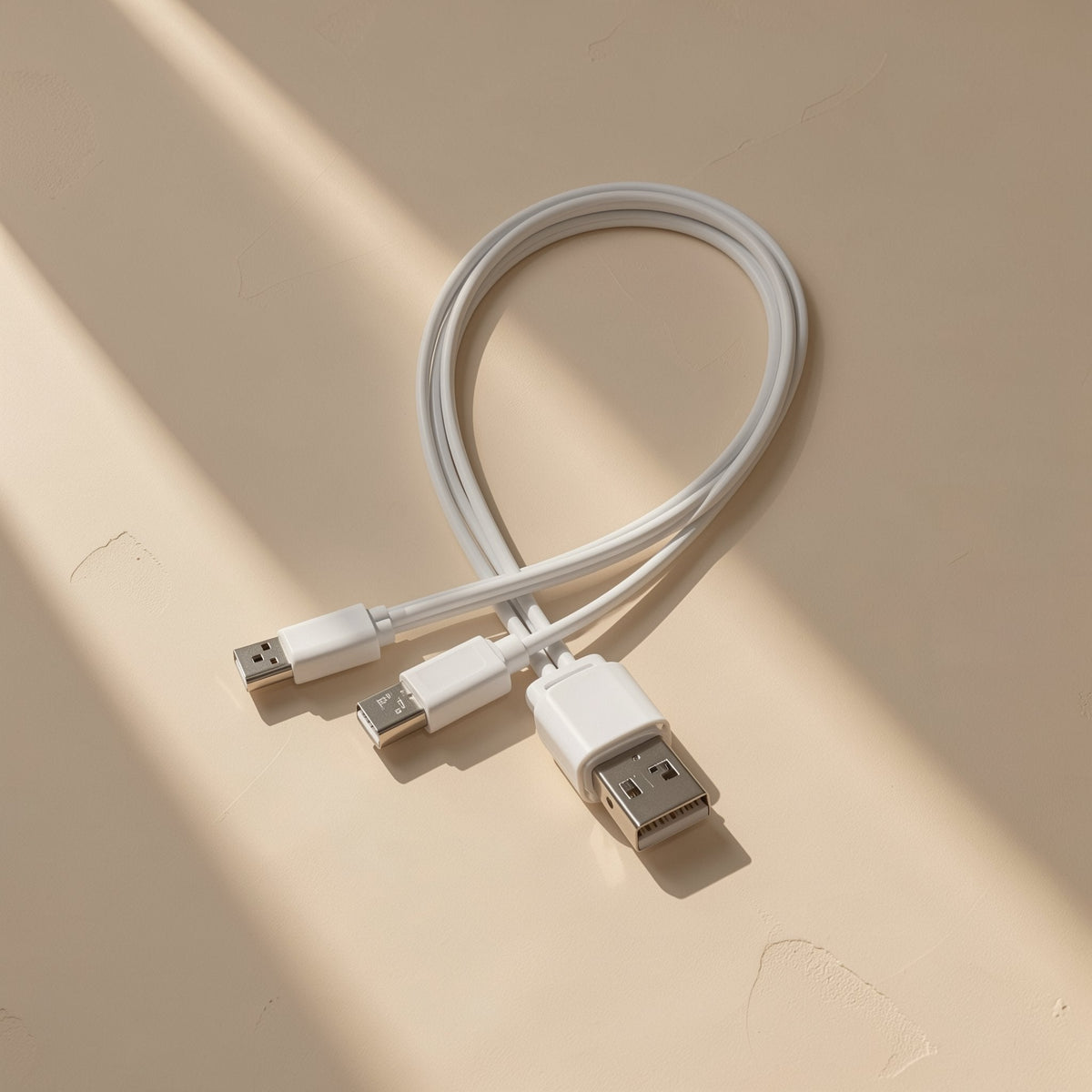 Typepair – White cable looped in a curve, showing the USB-A end and two small connector tips in streaks of sunlight