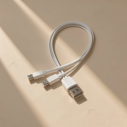 Typepair – White cable looped in a curve, showing the USB-A end and two small connector tips in streaks of sunlight