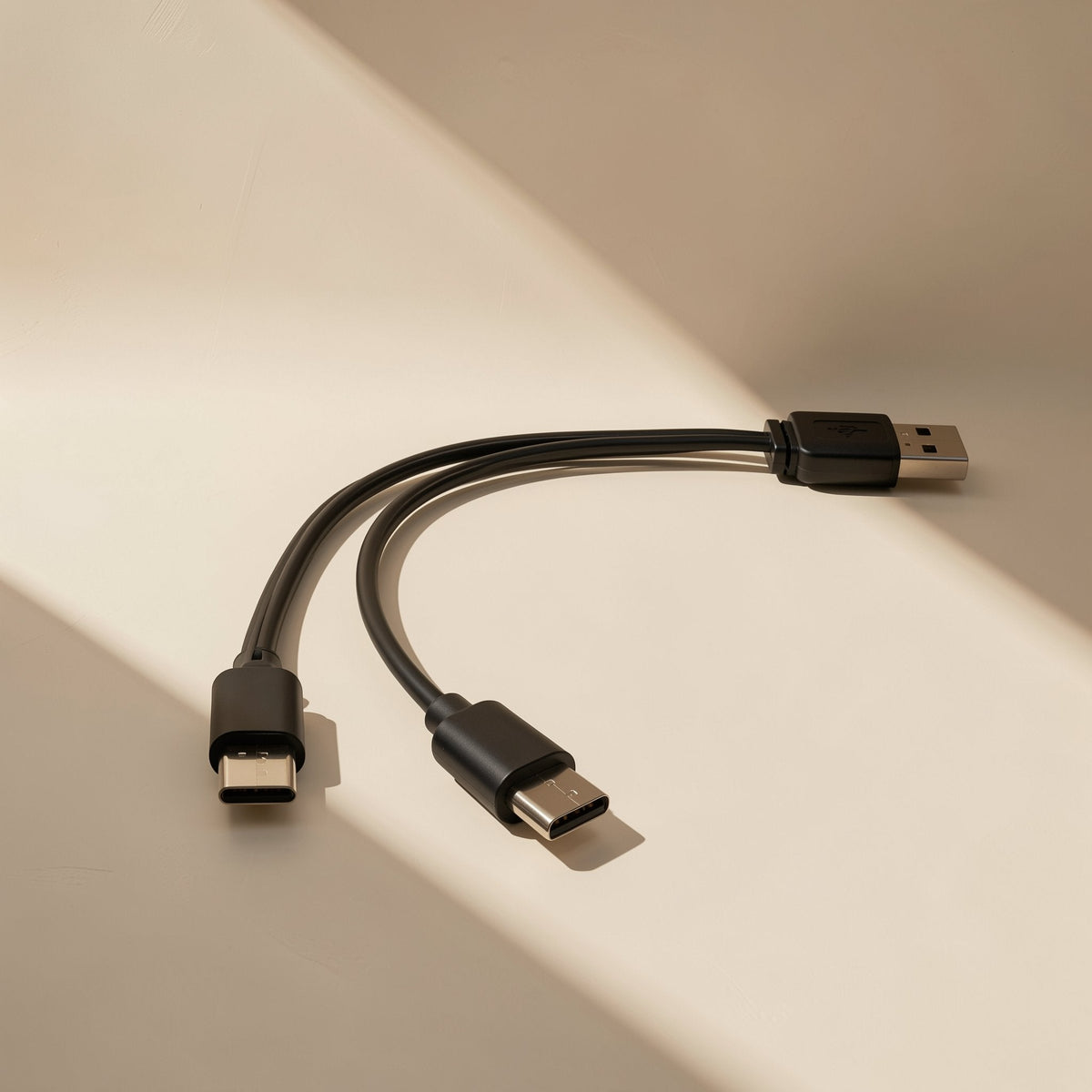 Typepair – Black cable with a USB-A end splitting into two Type-C connectors, resting on a pale sunlit surface