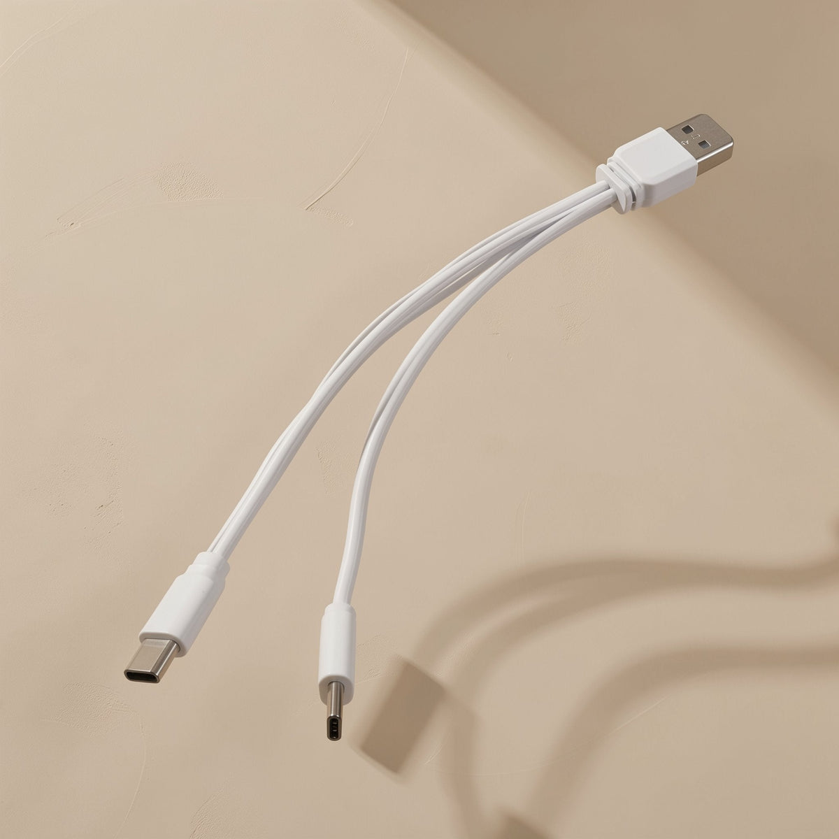 Typepair – White cable seen from above, USB-A plug at the top branching into two slim connector tips and a soft shadow