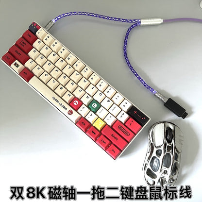 Twinloom Type-C keyboard and mouse cable in purple braid linking a retro red-and-cream keyboard to a mouse