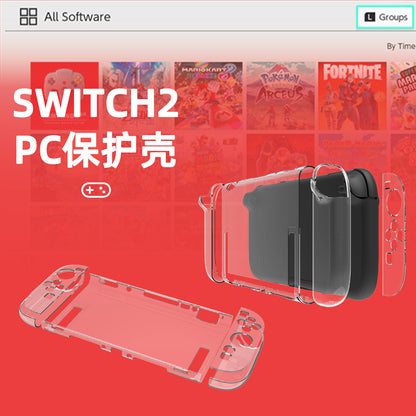 Snapshell Switch 2 Protective Case, clear hard split cover shown in pieces beside a console on a red background