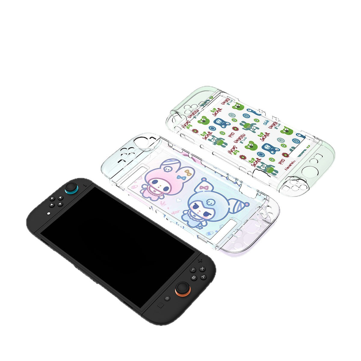 Snapshell – Black Switch 2 console beside two clear case backs printed with cartoon characters and small pattern designs