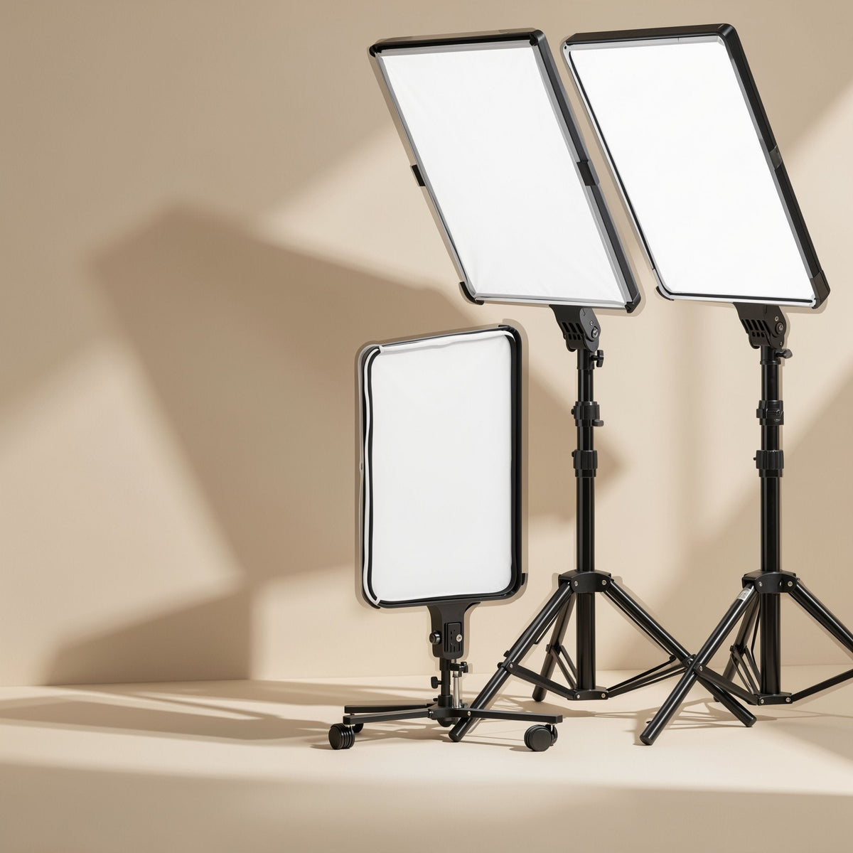 Facegleam LED fill light panels, two on tall tripods and one on a low wheeled stand, against a beige wall
