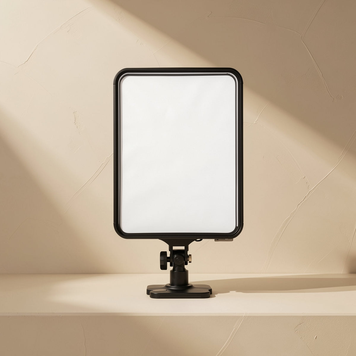 Facegleam – Single black-framed LED panel with white diffuser on a compact tabletop base, front view