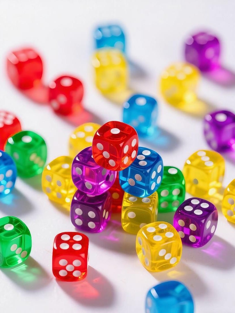Prismroll Transparent Acrylic Game Dice in red, blue, yellow, green and purple scattered and stacked on white
