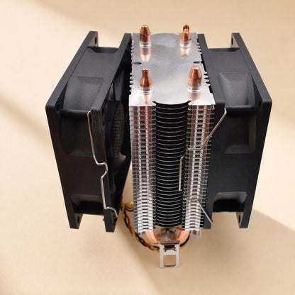 Fanclip – Steel wire fan clips holding two black fans on a CPU heatsink, seen from the side