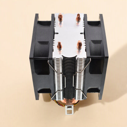 Fanclip – Top-down view of a CPU cooler with wire clips securing a black fan on each side of the fin stack