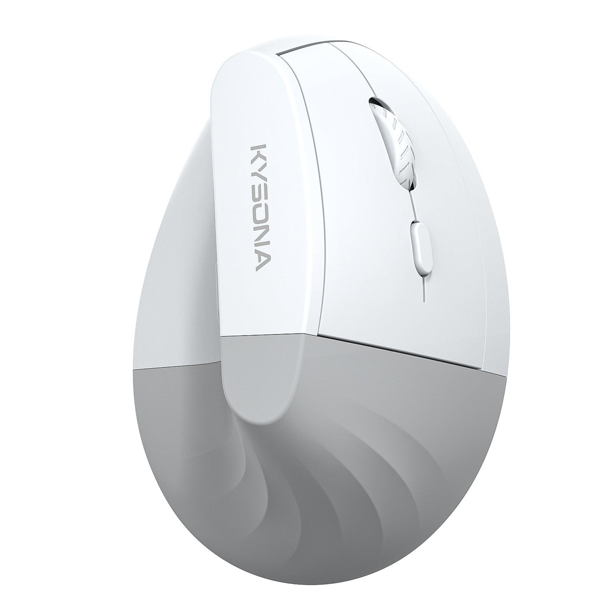 Upclick 2.4GHz Bluetooth Vertical Mouse in white and gray, angled front view with scroll wheel and thumb grip