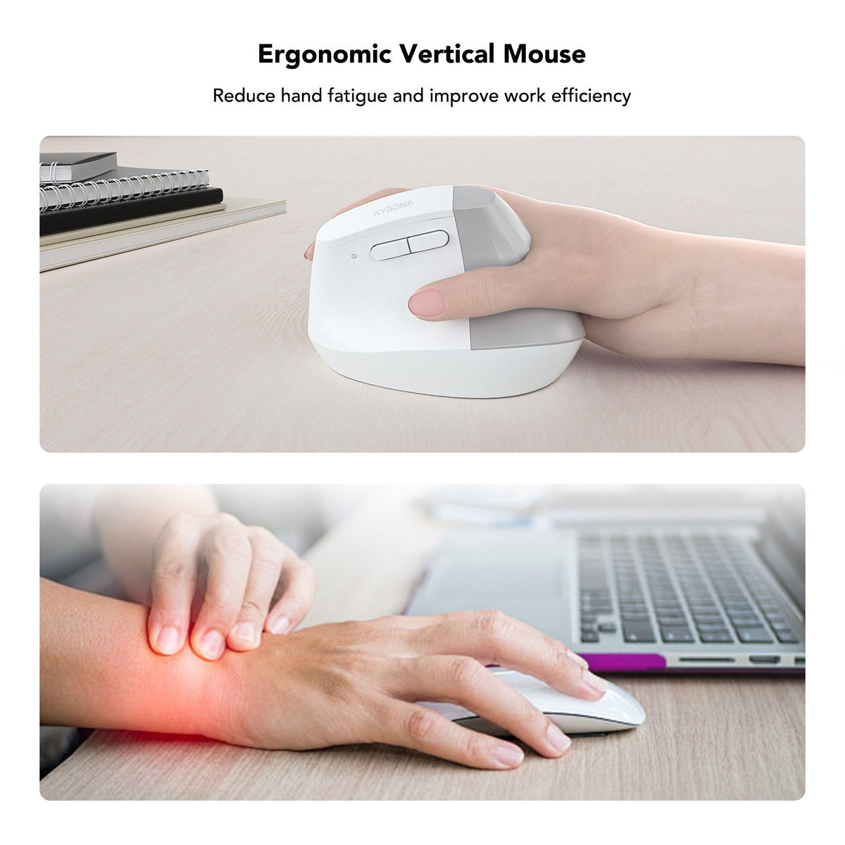 Upclick – Hand gripping the white vertical mouse on a desk, above a wrist with a red glow beside a laptop and flat mouse