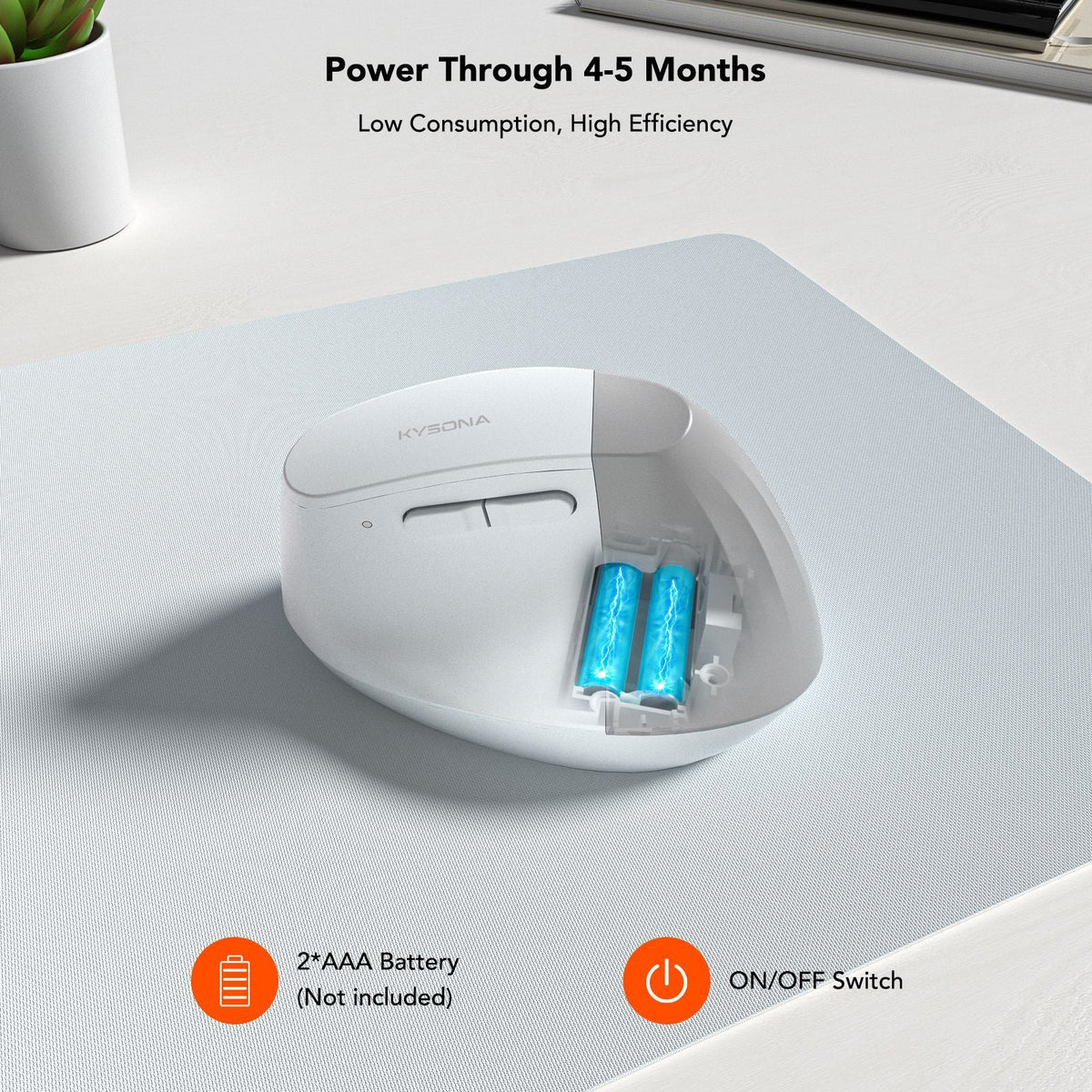 Upclick – White vertical mouse with its battery cover open showing two AAA batteries, with ON/OFF switch icon below