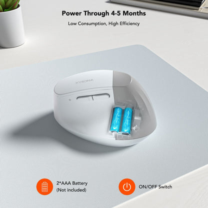 Upclick – White vertical mouse with its battery cover open showing two AAA batteries, with ON/OFF switch icon below