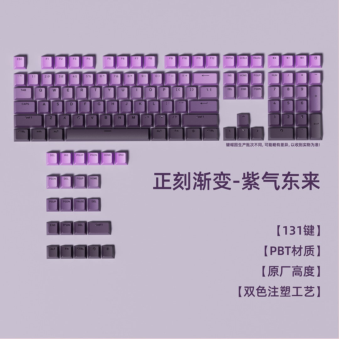 Gradkey Translucent Gradient PBT Keycaps in purple fading light to dark, full 131-key set laid out with specs