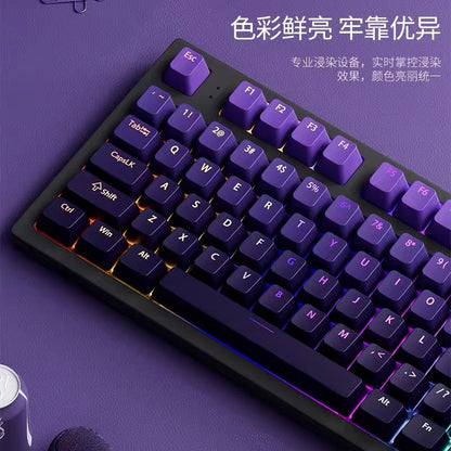 Gradkey – Purple gradient keycaps on a black backlit keyboard, close-up of left side with Esc, Tab and Shift keys