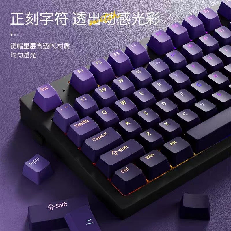 Gradkey – Close-up of purple gradient keycaps with glowing legends on a backlit keyboard, spare Shift and PgUp keys in front