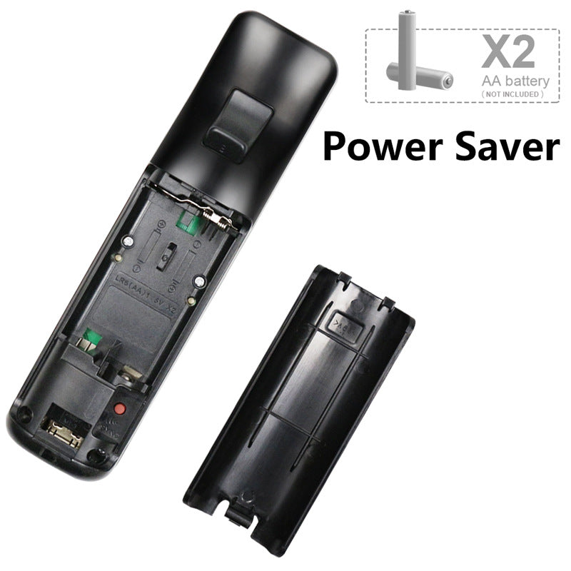 Wavepulse – Black controller back open showing two AA battery slots and the cover, labeled Power Saver