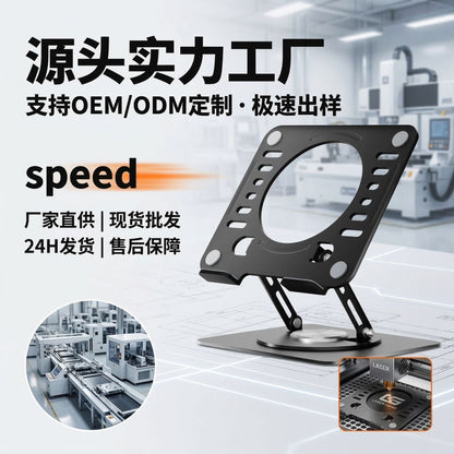 Rotafold Rotating Folding Laptop Stand in black with factory banner text and a laser cutting inset