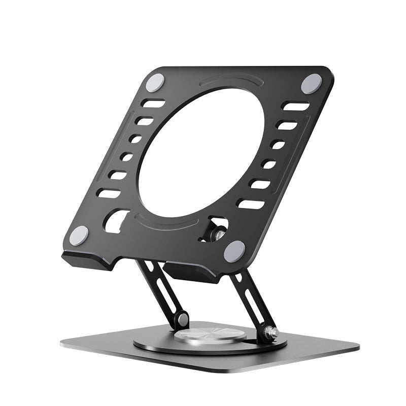 Rotafold – Black rotating laptop stand with vented plate, circular cutout and silver swivel base, front-angle view