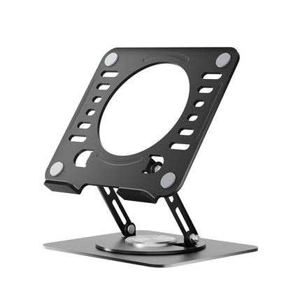 Rotafold – Black rotating laptop stand with vented plate, circular cutout and silver swivel base, front-angle view