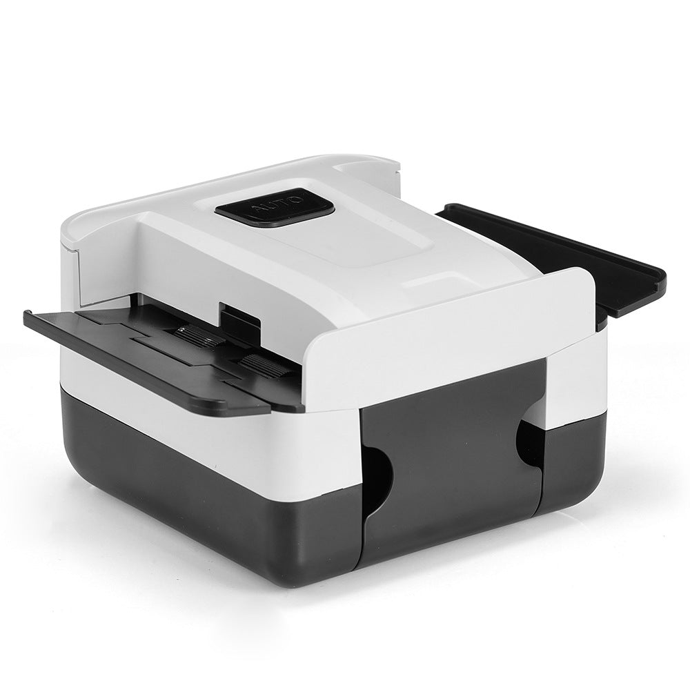 Cardwhirl Automatic Card Shuffler – white and black card shuffler on a plain white background, both side trays extended