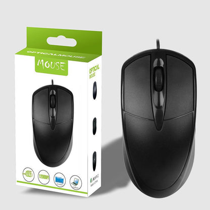 Clicken Wired USB Optical Mouse in black beside its green and white retail box showing 1200DPI icons