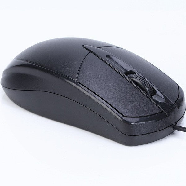 Clicken Wired USB Optical Mouse – black wired mouse seen from a front three-quarter angle, showing the scroll wheel and cable